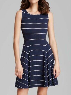 ALICE + OLIVIA Bolton Ottoman Fit Flare Mini Dress Navy Pinstripe Sleeveless S